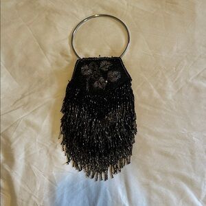 Vintage Black Beaded Fringe Clutch
